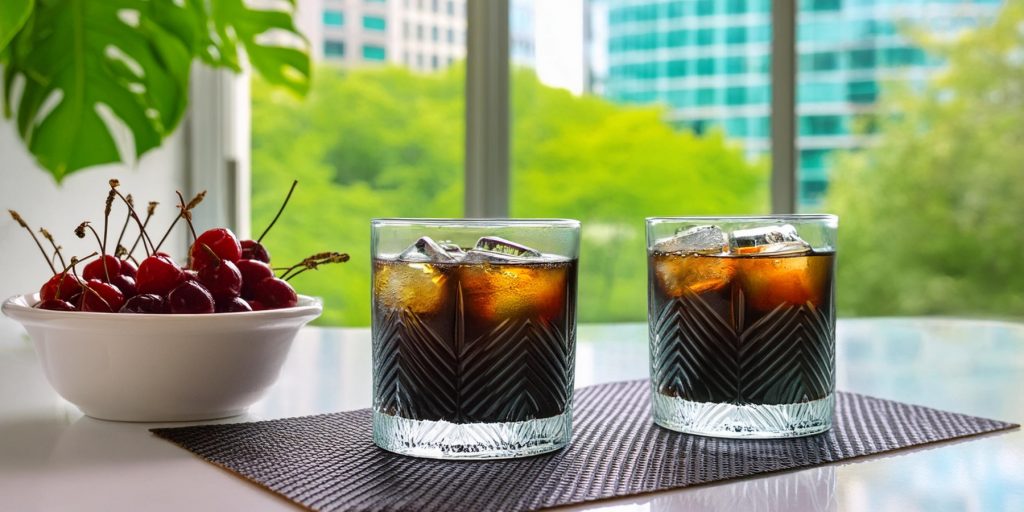 Two Black Russian cocktails served with a bowl of maraschino cherries, city backdrop through large windows in the background