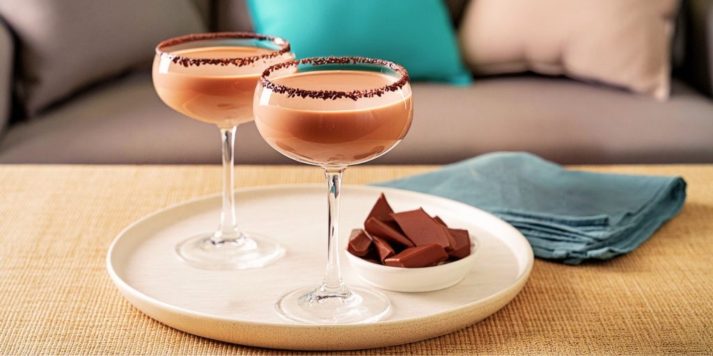 Two Mudslide cocktails served on a white platter on a coffee table, in a modern lounge setting
