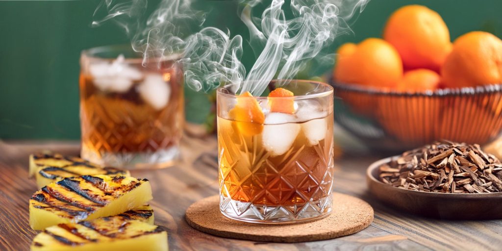 Two smoked bourbon cocktails with smoke coming out of the glasses, chargrilled pineapple on the side
