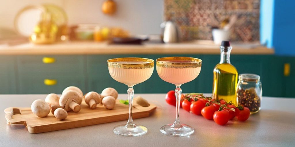 Two umami cocktails on a table in a modern kitchen with bright daylight