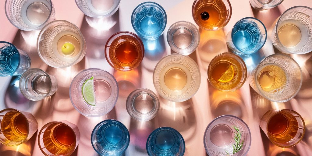 Top view of a series of tiny cocktails in small coupe glasses, shot glasses and mini rocks glasses