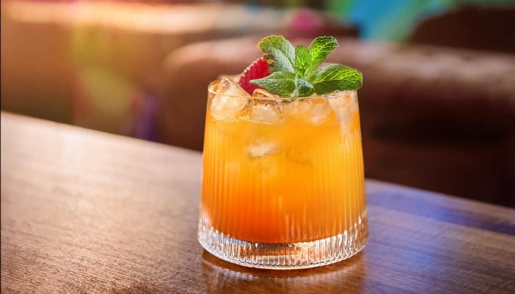 Close-up of a deep amber and orange colored Zombie cocktail with fresh mint and strawberry garnish 