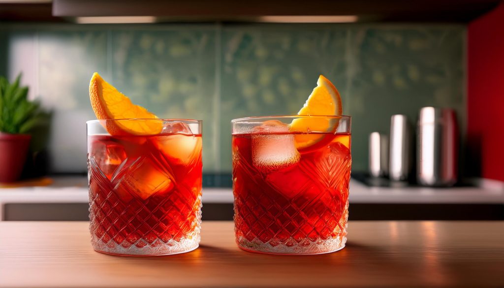 Two Wray and Nephew Rumpari Cocktails with orange wedge garnish