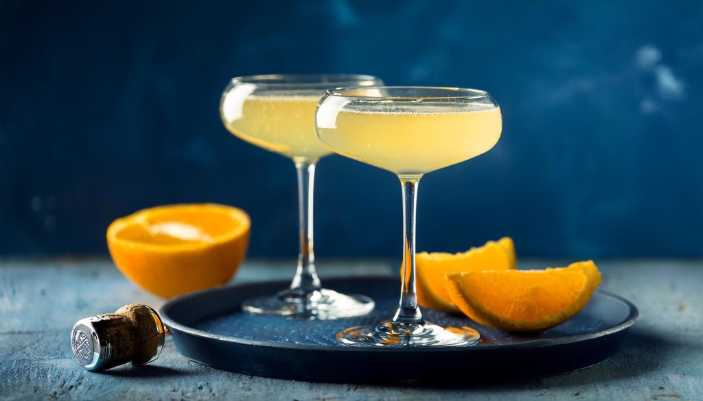 Two D'Artagnan cocktails in coupe glasses on a blue serving platter with fresh oranges against a blue backdrop