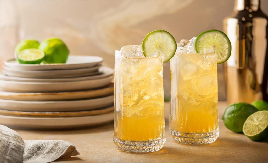 Two Bourbon Rickey cocktails served in ice-filled highball glasses with lime wheel garnish