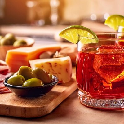 Two Tequila Negroni cocktails served with cheese and cured meats