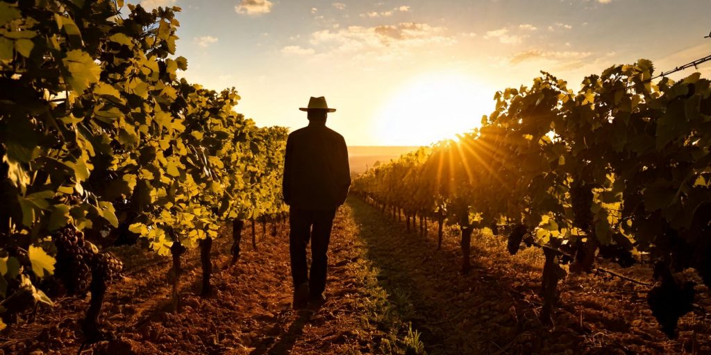 A winemaker walking through the vineyards at sunset
