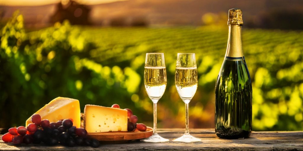 Two glasses of Champagne, a cheese platter and a bottle of Champagne served on a picnic table, French vineyards in the background