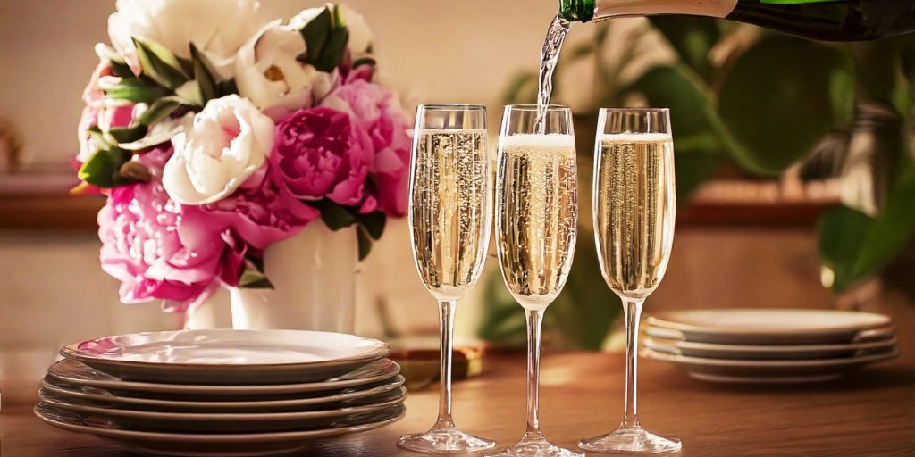 Pouring shot of Champagne into a flute glass, peonies in the background