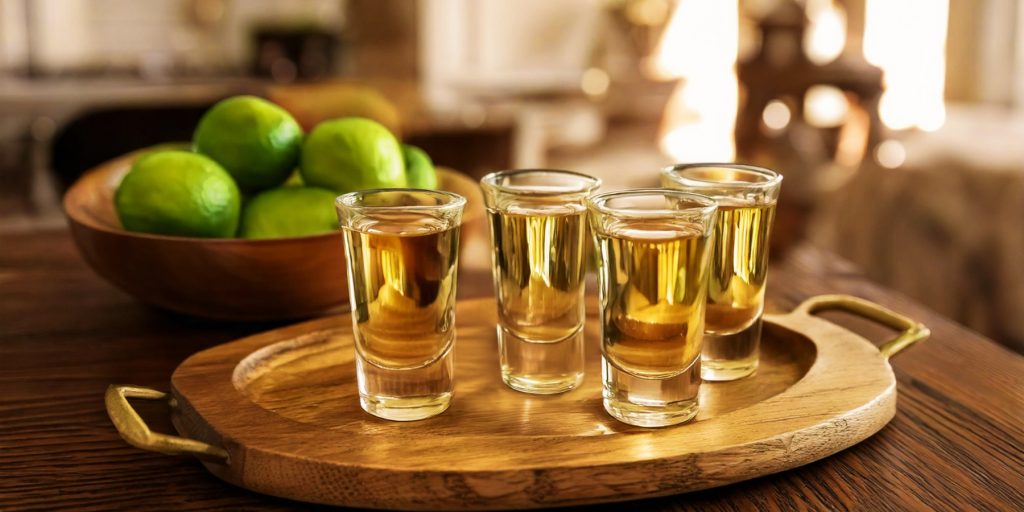 A tray of four reposado tequilas for sipping neat, blurred out modern kitchen in the background