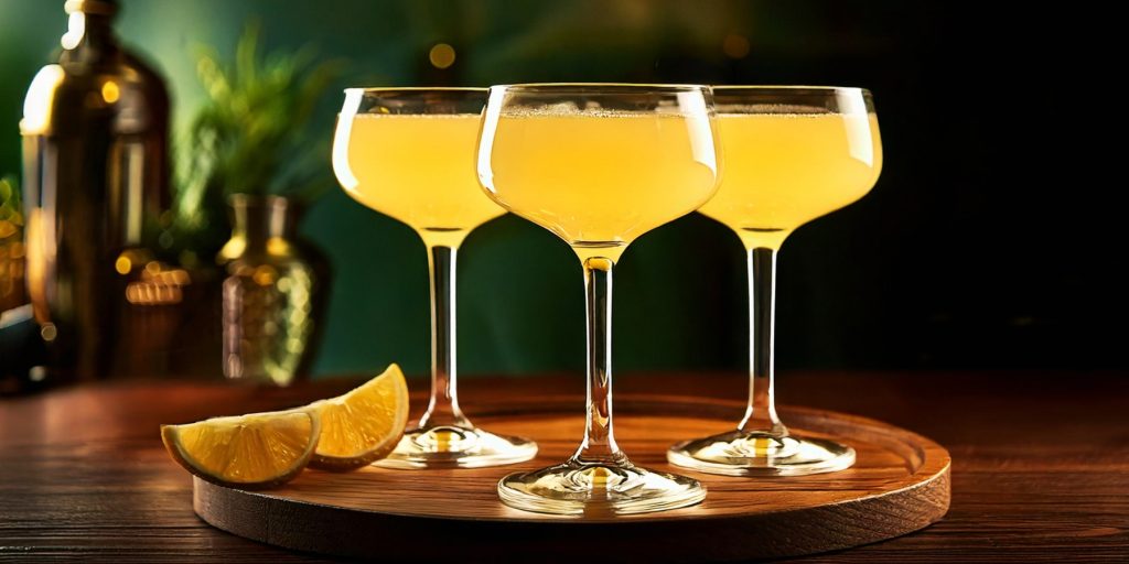 Three Wray and Nephew Corpse Reviver cocktails in coupe glasses