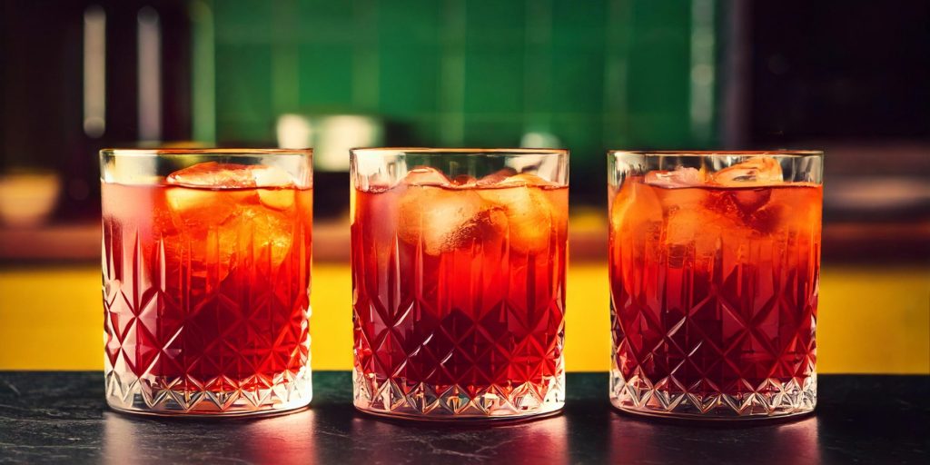 A row of three Negroni's Nephew cocktails