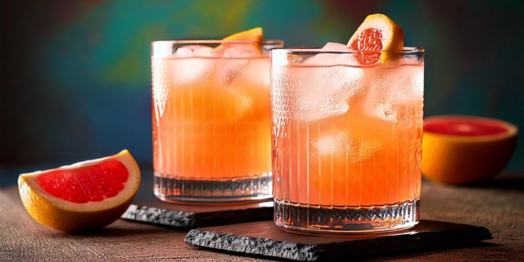 Two pale pink Tingwray cocktails with fresh grapefruit garnish