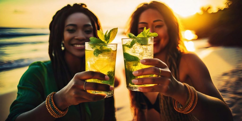 Two women clinking together Wray and Nephew Rum cocktails on a Jamaican beach at sunset