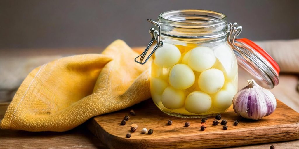 A jar of pickled pearl onions sits on a rustic wooden board, surrounded by whole garlic cloves and scattered peppercorns. A mustard-colored cloth adds warmth to the composition.