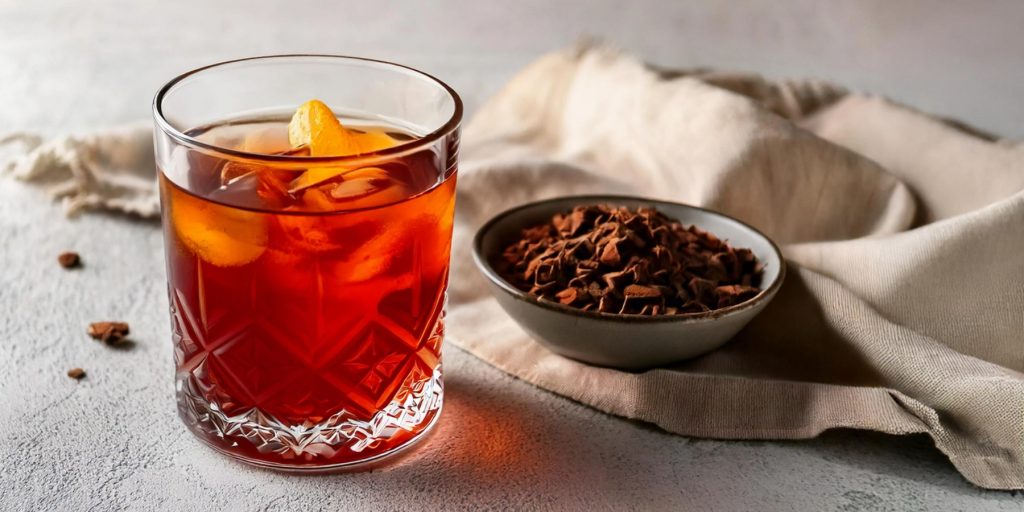 A burnt amber colored London Fog cocktail next to a bowl of cocoa nibs