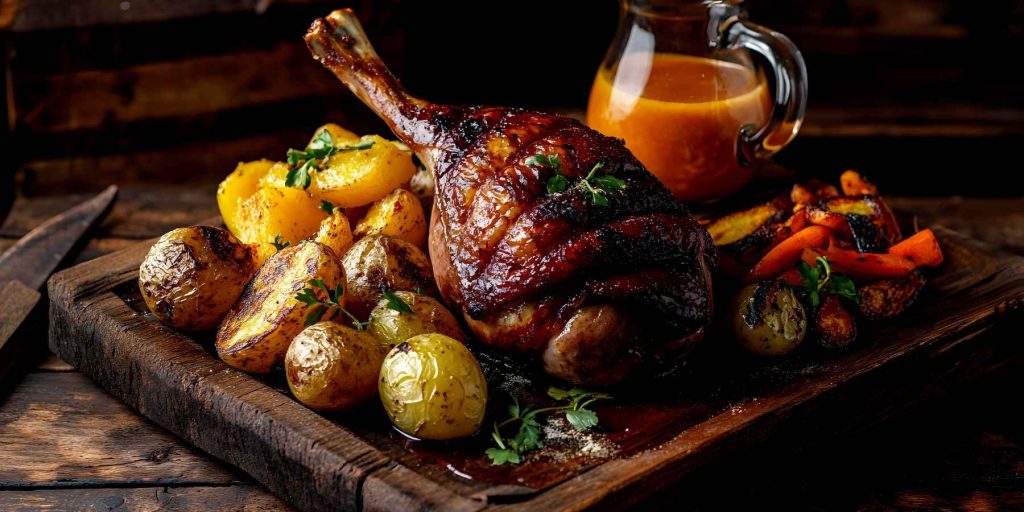 A succulent roasted duck leg with a crispy glaze, served on a wooden board with roasted potatoes, carrots, and a rich sauce in a glass jug.