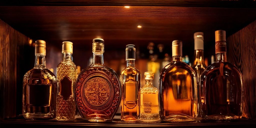 A collection of elegant sherry bottles in a dimly lit bar setting, showcasing their rich amber hues and intricate designs.