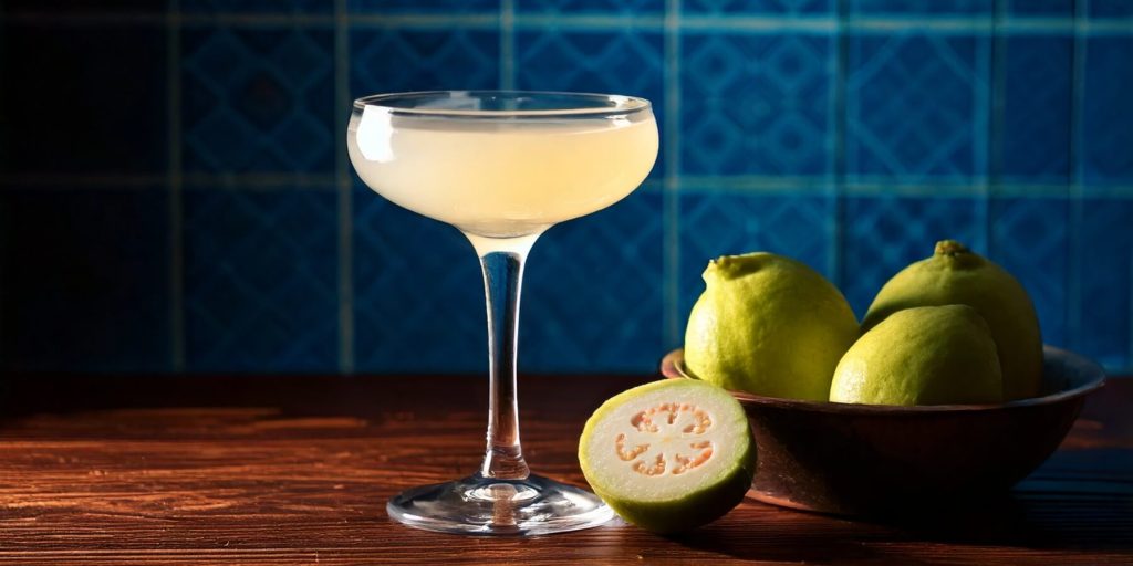 A white Guava Coconut Daiquiri served in a coupe glass, next to a bowl of guavas, tiled blue kitchen wall background
