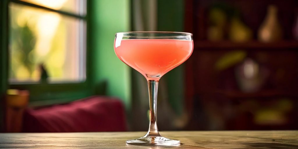 A pink-hued Guava Martini served in a coupe glass, window and lounge setting in background