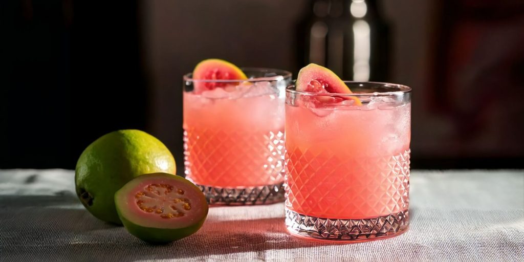 Two Guava Mezcal Margaritas with fresh Guava garnish