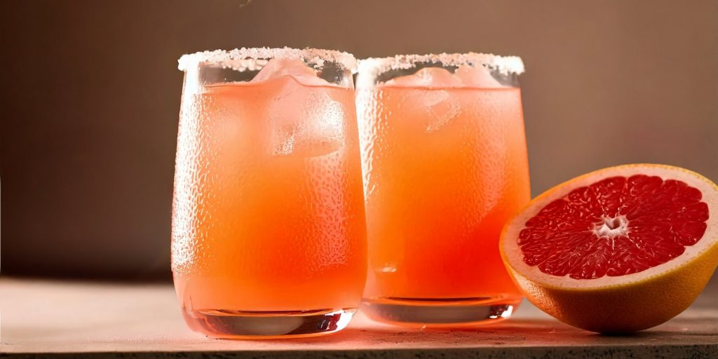 Two Guava Paloma cocktails with salted rims, halved grapefruit to the side
