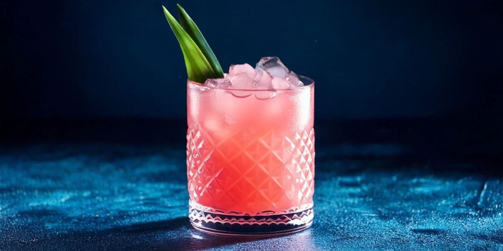 A vibrant pink Guava Rum Punch with pineapple frond garnish, blue background