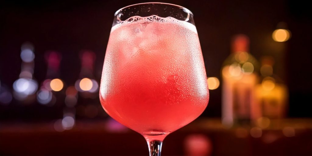 Close-up of a Guava Vodka Spritz, modern bar background