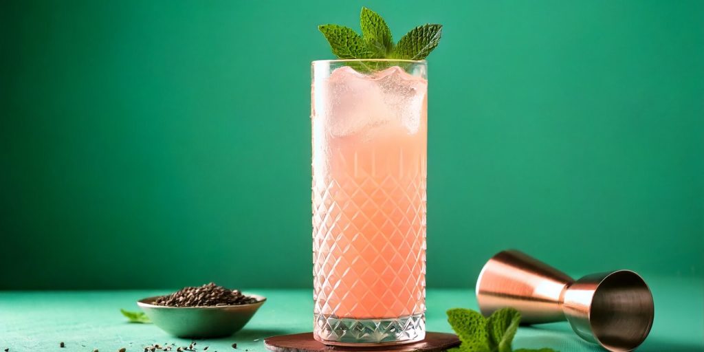 Close-up of a Spicy Guava Collins in a tall highball glass filled with ice and mint garnish, bowl of black peppercorns to the side, mint-green background