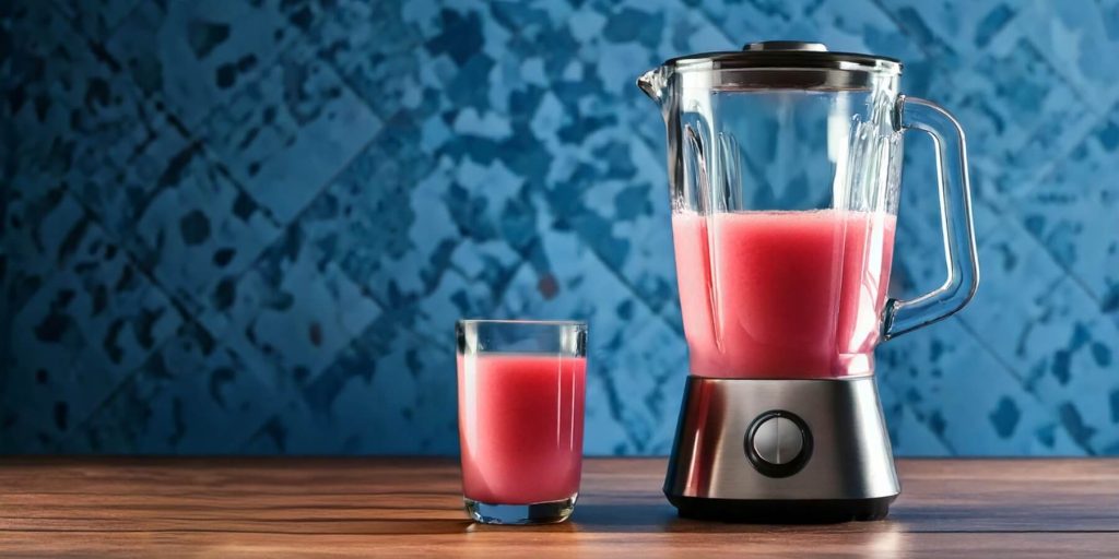 A blender and glass filled with vibrant pink guava juice, blue textured background