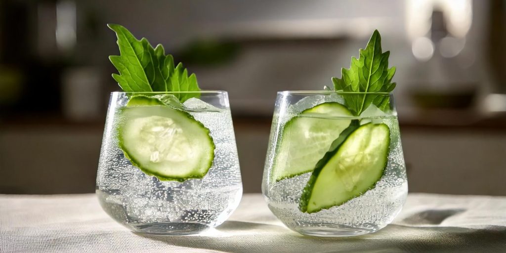 Two Shiso Gin and Tonic cocktails with cucumber garnish