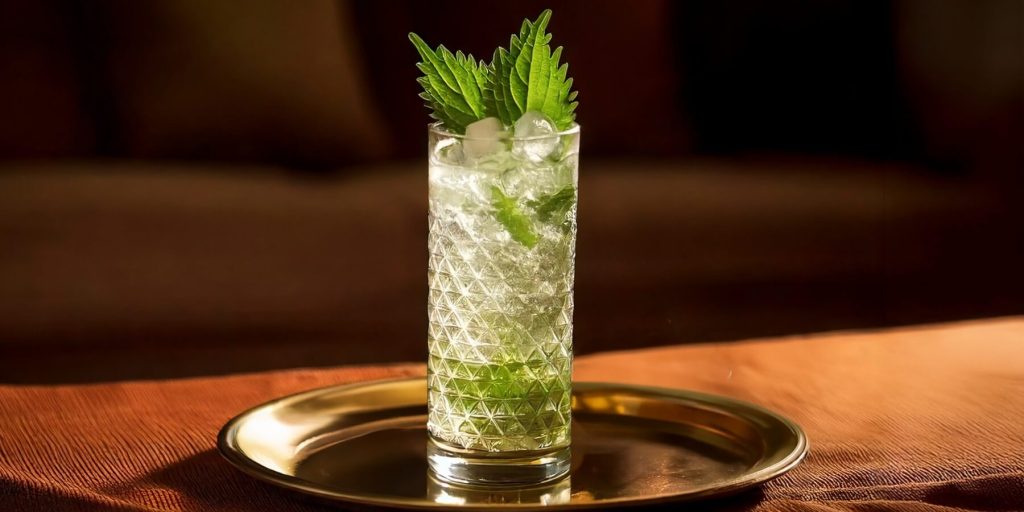 A Shisjo Mojito on a golden tray served on a lounge table