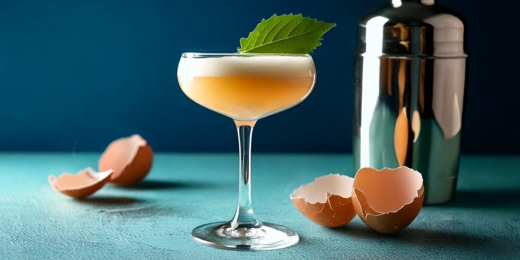 A Shiso Sour next to eggshells and a cocktail shaker