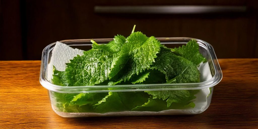 Shiso leaves drying on paper towel inside a clear container on a wooden counter