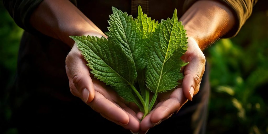 Close up of two hands holding a bunch of shiso leaves