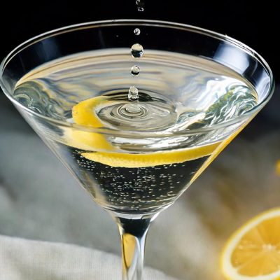 Overhead close-up of a perfect martini with lemon peel garnish