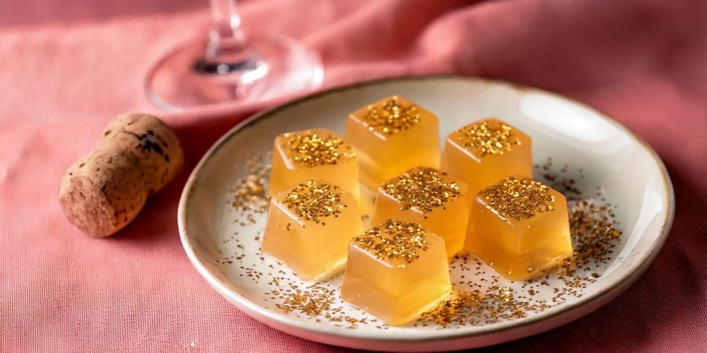 Plate of elegant Champagne Jelly Shots topped with gold glitter, styled with a pink cloth and a champagne cork.