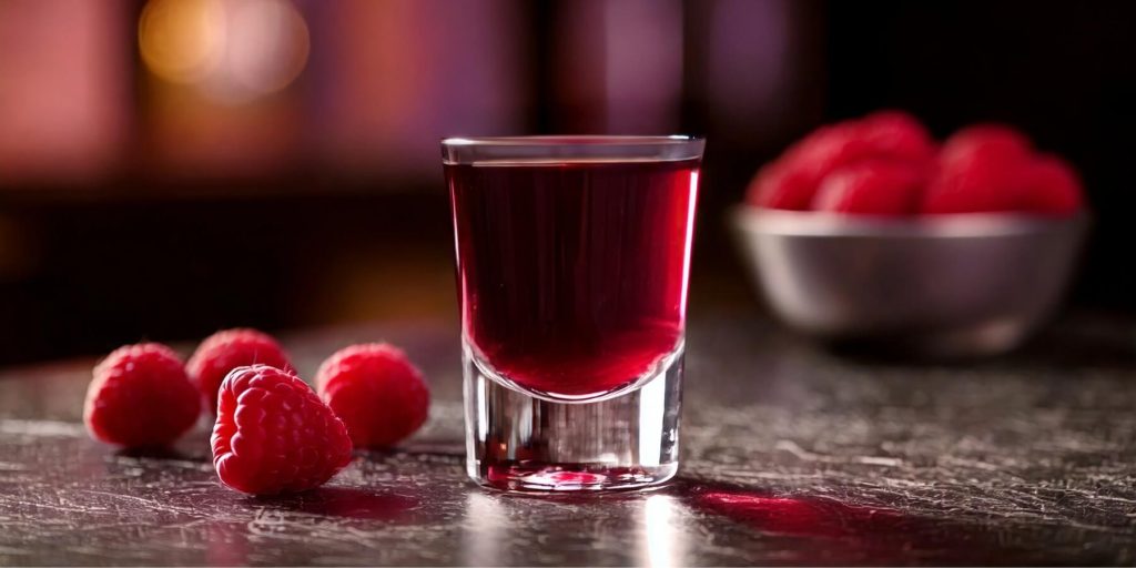 A single deep red Purple Haze shot in a sleek shot glass, surrounded by fresh raspberries on a reflective surface.