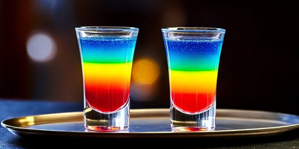 Two vibrant Rainbow Shots layered in red, yellow, green, and blue, served in tall shot glasses on a silver tray.