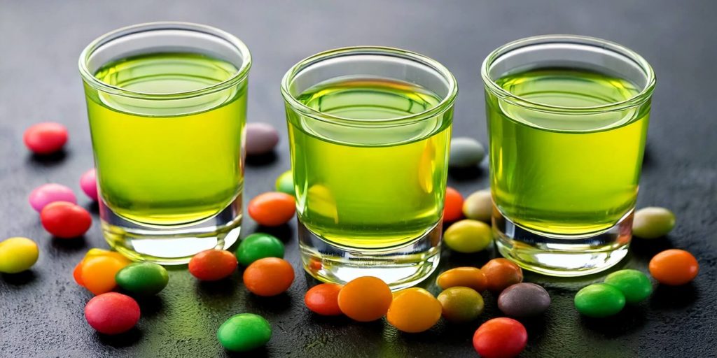 Three neon green Skittles Shots in shot glasses, surrounded by colourful Skittles candies on a dark background.