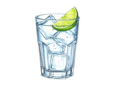 Glass of Tequila Soda with ice cubes and a lime wheel garnish, set on a sunlit kitchen counter with soft-focus greenery in the background.