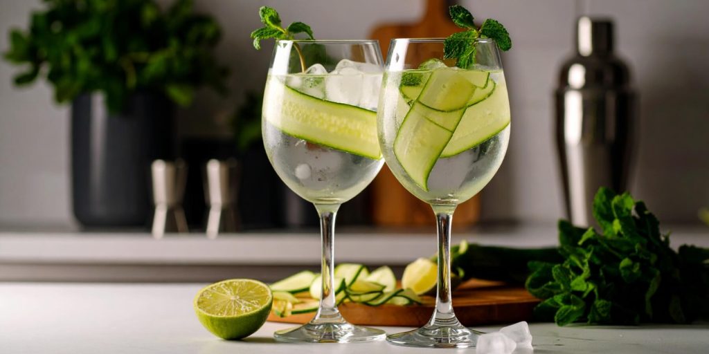 Two simple Tequila Spritzers with cucumber ribbons, lime and fresh mint, modern kitchen in background