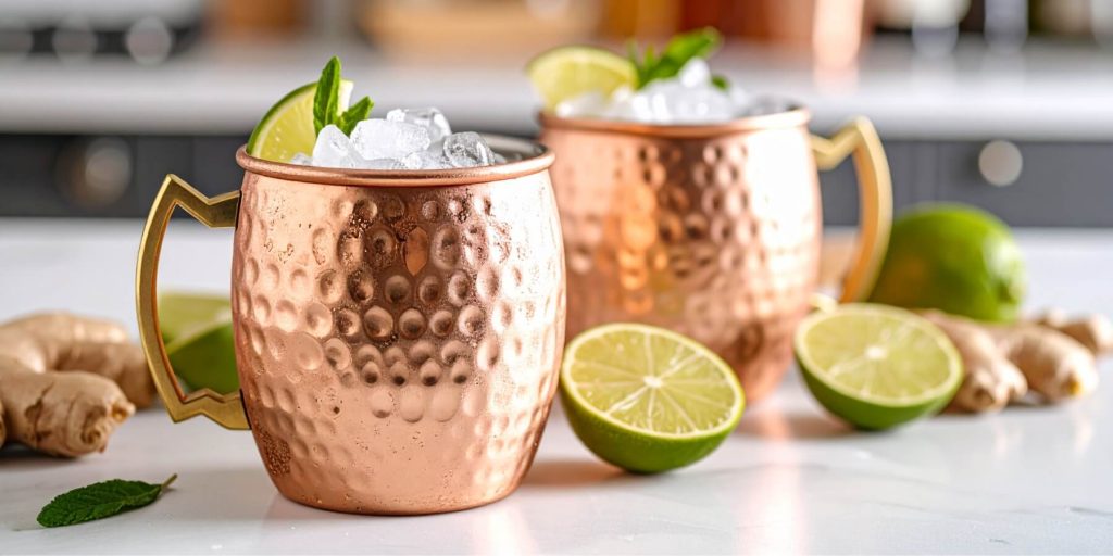 Two Caribbean Mule tropical drinks with lime and mint garnish