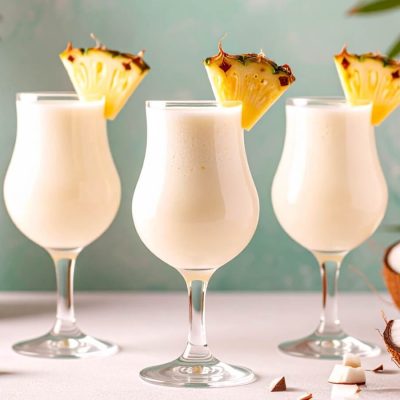 Three creamy Piña Coladas with pineapple garnish, halved coconuts to the side