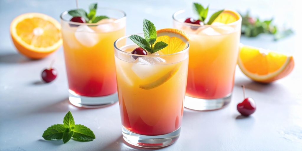 Slight overhead shot of three vibrant Rum Punch tropical drinks with fresh orange, mint and cherry garnish 