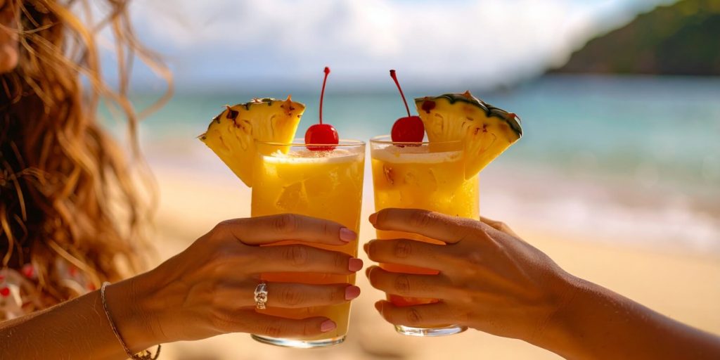 Close-up of two hands clinking together pineapple cocktails, beach background