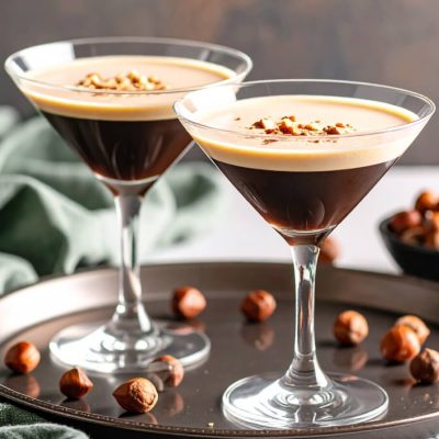 Close-up of two Hazelnut Espresso Martinis with crushed hazelnut garnish