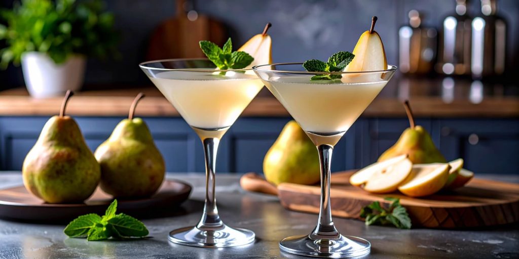 Two Pear Martinis with sliced pear and mint garnish