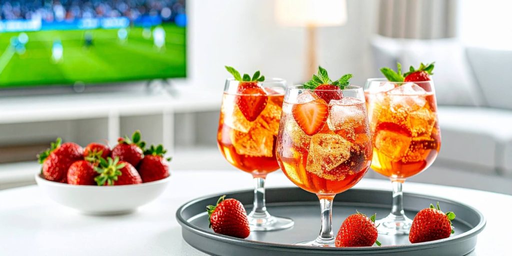 Close-up of three Strawberry Negroni Wimbledon cocktails with a tennis match on a TV in the background