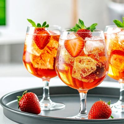 Close-up of three Strawberry Negroni Wimbledon cocktails with a tennis match on a TV in the background